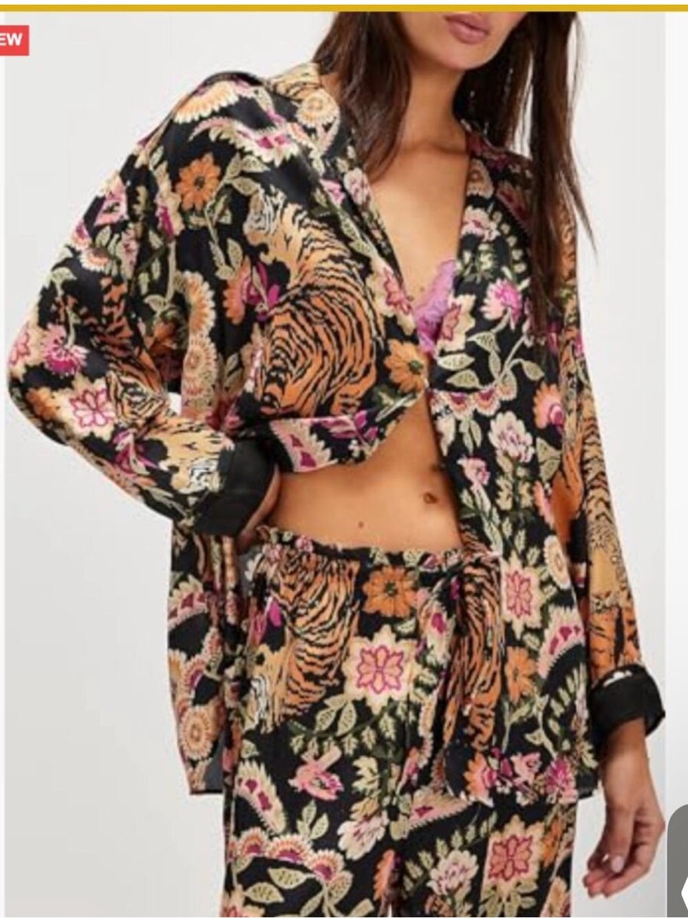 FRee People Pajama Iron Combo Tiger Floral Print SILKY oversized Sz Medium